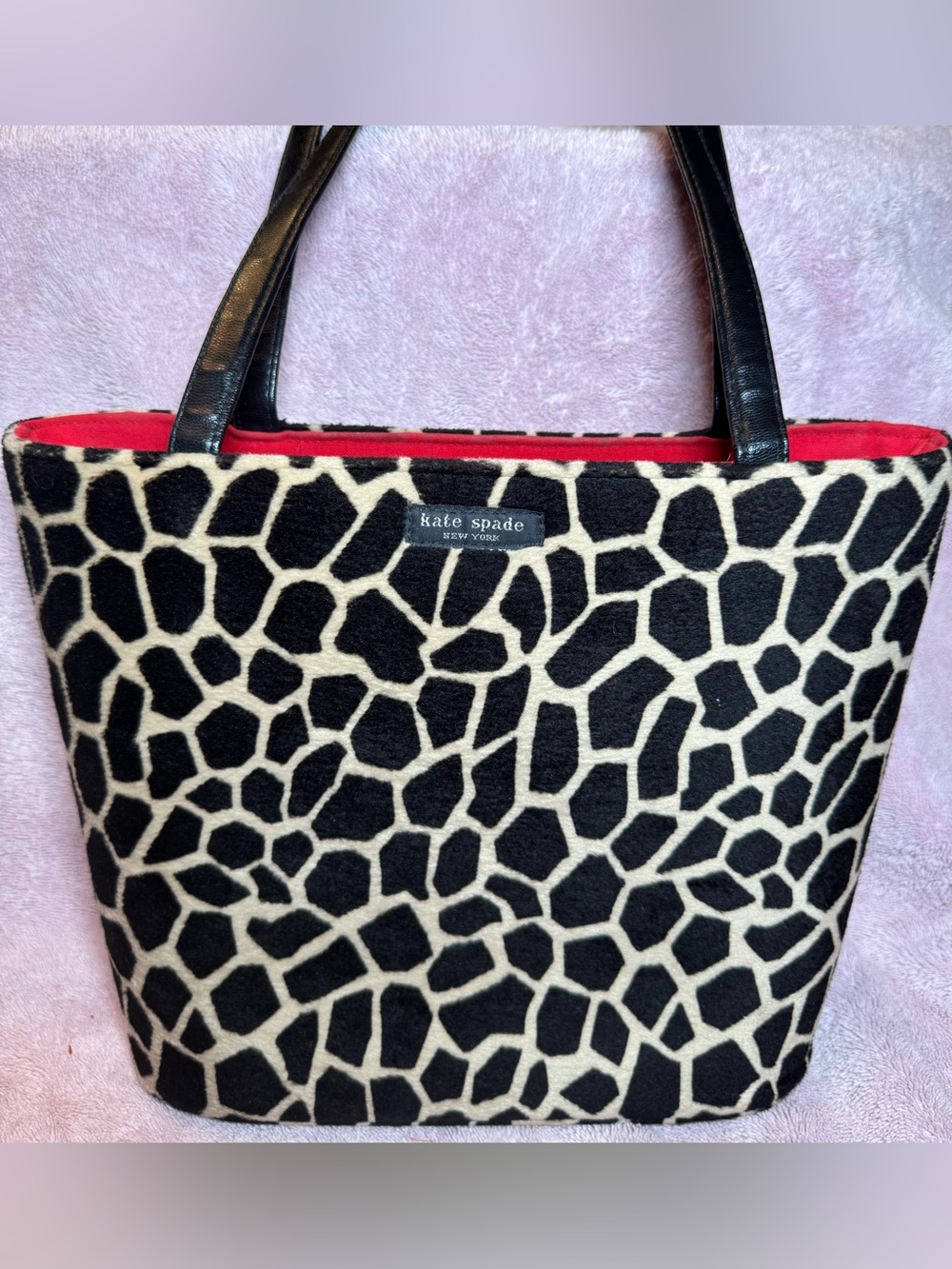 Kate Spade Vintage Black and Cream Giraffe Print Faux Fur Shoulder Bag 10x12x4”